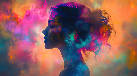A dreamlike abstract portrait of a woman, her silhouette fading into vibrant colors and abstract shapes that evoke a sense of fantasy and ethereal beauty.の素材