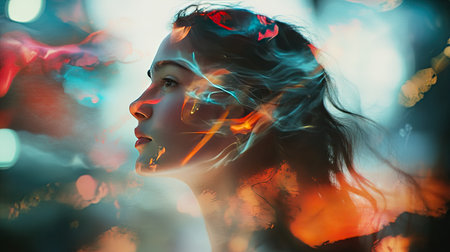 A fantastical portrait of a woman with bright, ethereal elements swirling around her, creating an abstract and magical feel, as if she's part of a dreamlike world.の素材