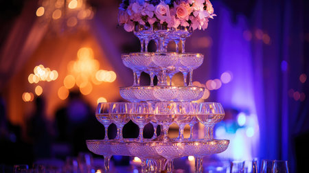 A dramatic, elegant champagne tower at a reception, with champagne sparkling and flowing down from the top glass in a mesmerizing cascade, creating a festive and luxurious mood.の素材