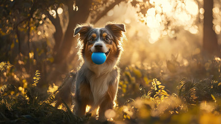 A dog with a bright blue ball in its mouth, standing in a playful stance, ready to race for it. The background is filled with trees and sunlight.の素材