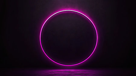 A geometric neon circle, softly glowing in deep purple, floating on a pitch-black background. The perfect symmetry of the circle adds to the minimalist design.の素材