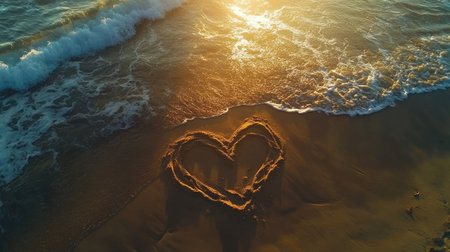 A heart drawn in the soft sand on a peaceful beach, with gentle waves lapping at the shore and a warm sunset casting a golden glow over the scene.の素材