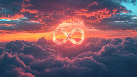 A glowing, ethereal infinity symbol in the clouds during sunset, creating a sense of timeless beauty and infinite connection to nature.の素材