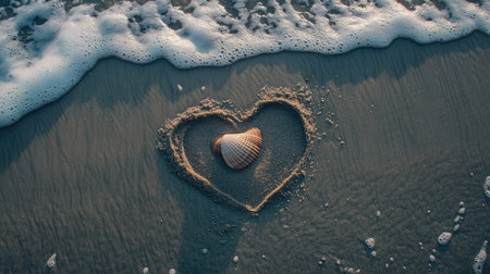 A heart drawn on the soft beach sand with a seashell placed inside, the ocean gently touching the outline, creating a romantic and tranquil scene.の素材