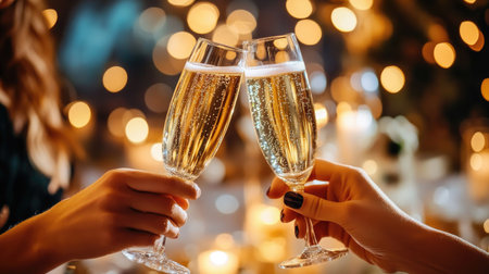 A festive close-up shot of two people clinking their champagne glasses in a toast, with the glasses shimmering in the light and surrounded by elegant decor.の素材
