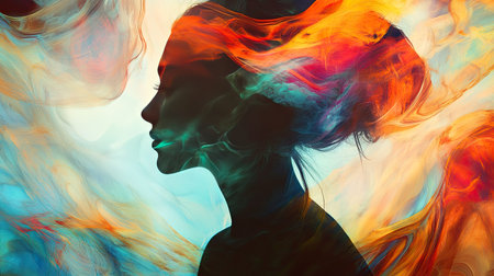 A dreamlike abstract portrait of a woman, her silhouette fading into vibrant colors and abstract shapes that evoke a sense of fantasy and ethereal beauty.の素材