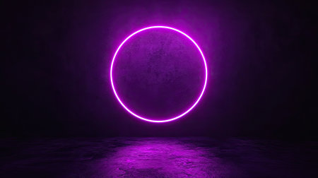 A geometric neon circle, softly glowing in deep purple, floating on a pitch-black background. The perfect symmetry of the circle adds to the minimalist design.の素材