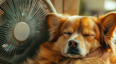 A fluffy dog resting calmly in front of a fan, eyes half-closed in contentment. The cool wind from the fan soothes the dog on a warm afternoon.の素材