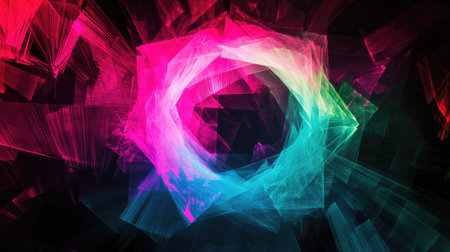 A dynamic neon-colored geometric circle in the center, radiating bright hues of pink, blue, and green against a pitch-black background. The colors pop with an electrifying glow.の素材