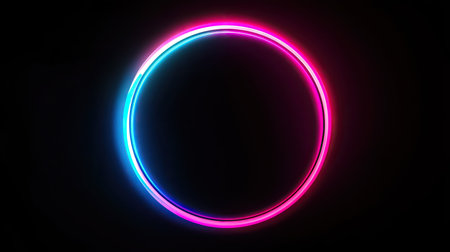 A glowing neon circle with a gradient of bright neon colors, from pink to blue, set against a stark black background. The vibrant glow makes it the focal point of the composition.の素材