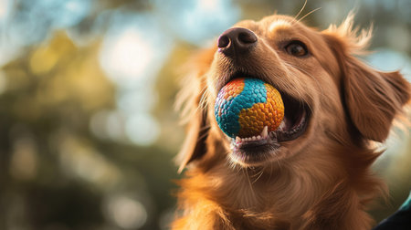 A dog with a colorful ball in its mouth, eagerly waiting for its owner to throw it. The dog's posture is full of energy and excitement.の素材