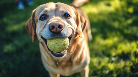A happy dog proudly holding a squeaky ball in its mouth, standing on the grass. The dog looks excited and ready to play with its owner.の素材