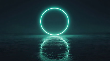 A glowing neon geometric circle, made of bright green and blue lights, floating on a dark, almost empty background. The soft glow creates a calming yet futuristic vibe.の素材