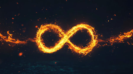 A glowing infinity symbol composed of fire, flickering in the night, representing the endless burning of passion and energy.の素材