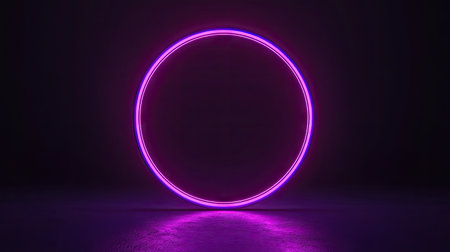 A geometric neon circle, softly glowing in deep purple, floating on a pitch-black background. The perfect symmetry of the circle adds to the minimalist design.の素材