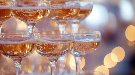 A grand champagne tower at an elegant reception, the glasses sparkling in the soft light as champagne overflows from the top glass, symbolizing luxury and festivity.の素材