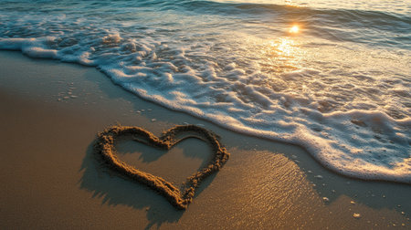 A heart drawn in the sand at the edge of the beach, with the gentle tide washing over it, leaving behind traces of the love left behind.の素材