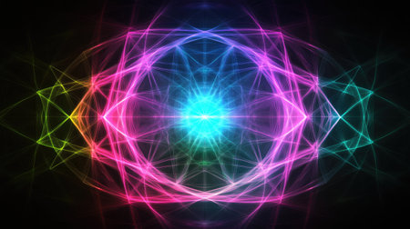 A dynamic neon-colored geometric circle in the center, radiating bright hues of pink, blue, and green against a pitch-black background. The colors pop with an electrifying glow.の素材