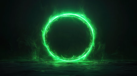 A glowing neon green geometric circle with sharp, luminous edges, floating on a dark background. The circle appears to pulse with light, evoking a digital or cyberpunk atmosphere.の素材