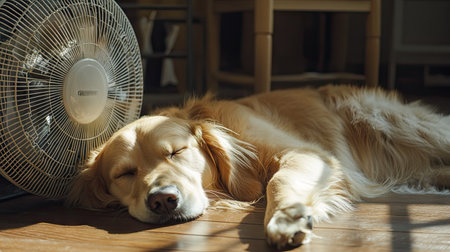 A golden retriever lazily lying on the cool floor with a fan blowing air, staying calm and relaxed. The fan's breeze is a relief on a sunny, warm day.の素材