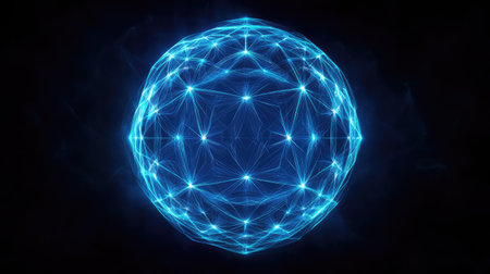 A geometric neon circle glowing in electric blue, surrounded by a dark background. Its glowing edges radiate in smooth, perfect symmetry, offering a sleek, futuristic design.の素材