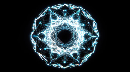 A geometric neon circle in white and cyan glowing in the center, the edges sharp and glowing brightly against a black background, evoking a high-tech aesthetic.の素材