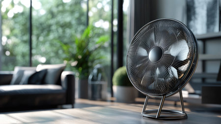 A metal fan in a cozy corner of a modern office, cooling down the workspace with a contemporary, industrial-style design.の素材