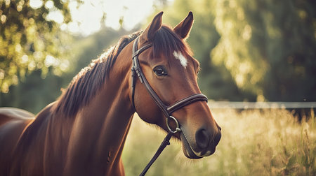 A horse with a bridle standing in the pasture, its ears perked up as it enjoys the warm sunshine and open space of the countryside.の素材