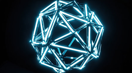 A geometric neon circle in white and cyan glowing in the center, the edges sharp and glowing brightly against a black background, evoking a high-tech aesthetic.の素材