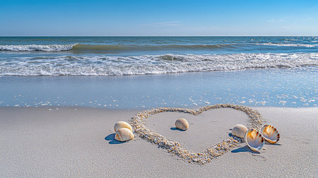 A large heart drawn on the sand, with seashells scattered around it and the ocean waves gently approaching, set against a clear, bright day.の素材