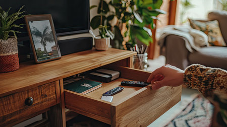 A hand pulling open the drawer of a wooden table in a cozy living room, revealing a collection of small personal items like a remote control and notebook.の素材