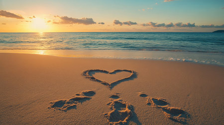 A heart drawn in the sand on a peaceful beach, with footprints leading to the drawing, and the ocean stretching far into the distance.の素材