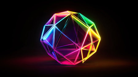 A glowing neon geometric circle in vibrant colors, set against a dark background, creating a striking contrast. The circle's sharp edges stand out with a futuristic look.の素材