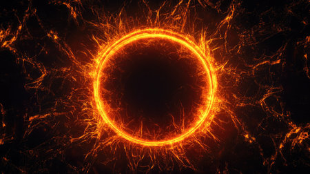 A glowing neon orange circle surrounded by intricate glowing lines, all set against a pitch-black background. The contrast between light and dark creates a mesmerizing effect.の素材