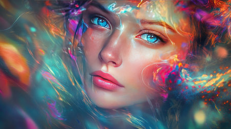 A dreamy fantasy portrait of a woman with colorful, abstract elements framing her face, creating a mystical aura and adding depth to her surreal expression.の素材