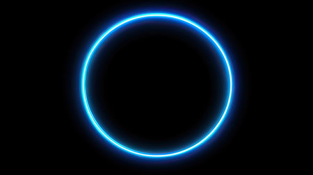 A geometric neon circle glowing in electric blue, surrounded by a dark background. Its glowing edges radiate in smooth, perfect symmetry, offering a sleek, futuristic design.の素材