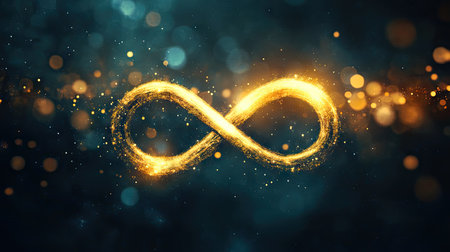 A glowing golden infinity symbol floating in space, surrounded by soft bokeh lights, symbolizing the eternal nature of the universe.の素材