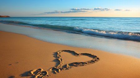 A heart drawn in the sand on a peaceful beach, with footprints leading to the drawing, and the ocean stretching far into the distance.の素材