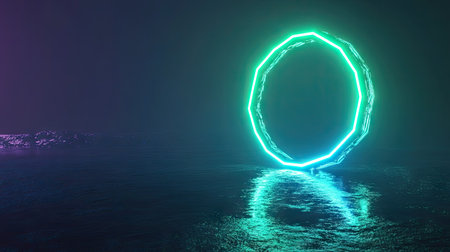 A glowing neon geometric circle, made of bright green and blue lights, floating on a dark, almost empty background. The soft glow creates a calming yet futuristic vibe.の素材