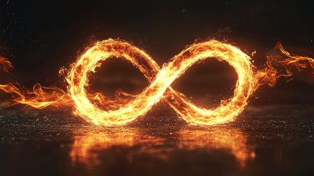A glowing infinity symbol composed of fire, flickering in the night, representing the endless burning of passion and energy.の素材