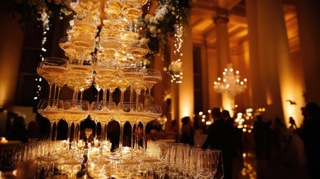 A festive reception with a large tower of champagne glasses, champagne flowing in a beautiful cascade, surrounded by elegant decor and soft lighting that creates a magical atmosphere.の素材