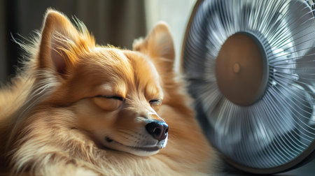 A fluffy dog resting calmly in front of a fan, eyes half-closed in contentment. The cool wind from the fan soothes the dog on a warm afternoon.の素材