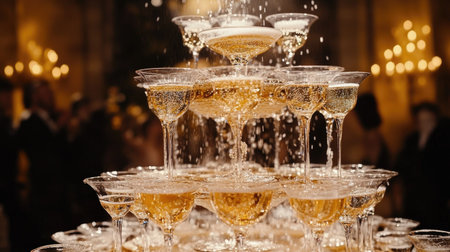 A luxurious wedding reception featuring a tower of champagne glasses, with champagne pouring down in delicate streams, creating a stunning visual effect for the guests.の素材