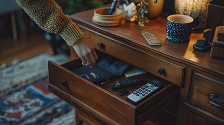A hand pulling open the drawer of a wooden table in a cozy living room, revealing a collection of small personal items like a remote control and notebook.の素材