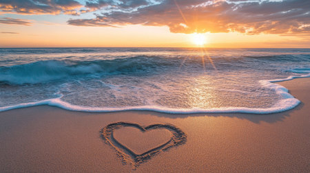 A heart drawn on the sandy shore with the ocean waves slowly reaching toward it, creating a calming, romantic scene at twilight.の素材