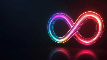 A glowing neon infinity symbol against a dark backdrop, with a futuristic, digital feel, representing endless possibilities and innovation.の素材