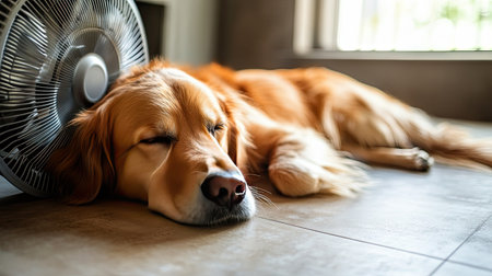 A golden retriever lazily lying on the cool floor with a fan blowing air, staying calm and relaxed. The fan's breeze is a relief on a sunny, warm day.の素材