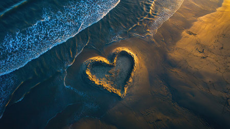 A heart drawn in the sand, its outline clear and sharp, with the tide gently approaching, symbolizing love's fleeting yet powerful nature.の素材