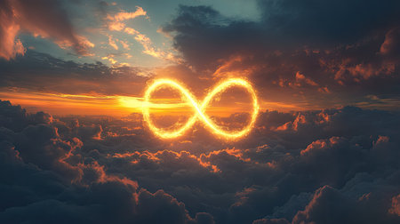 A glowing, ethereal infinity symbol in the clouds during sunset, creating a sense of timeless beauty and infinite connection to nature.の素材
