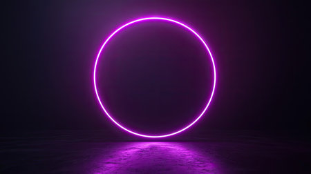 A geometric neon circle, softly glowing in deep purple, floating on a pitch-black background. The perfect symmetry of the circle adds to the minimalist design.の素材